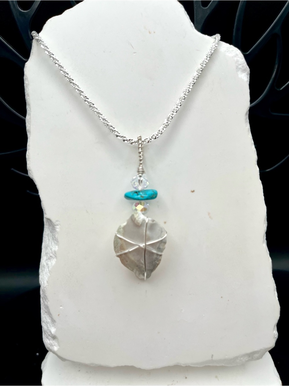 Handcrafted Silver Wire Wrapped Mother of Pearl  Necklace with Turquoise Accent